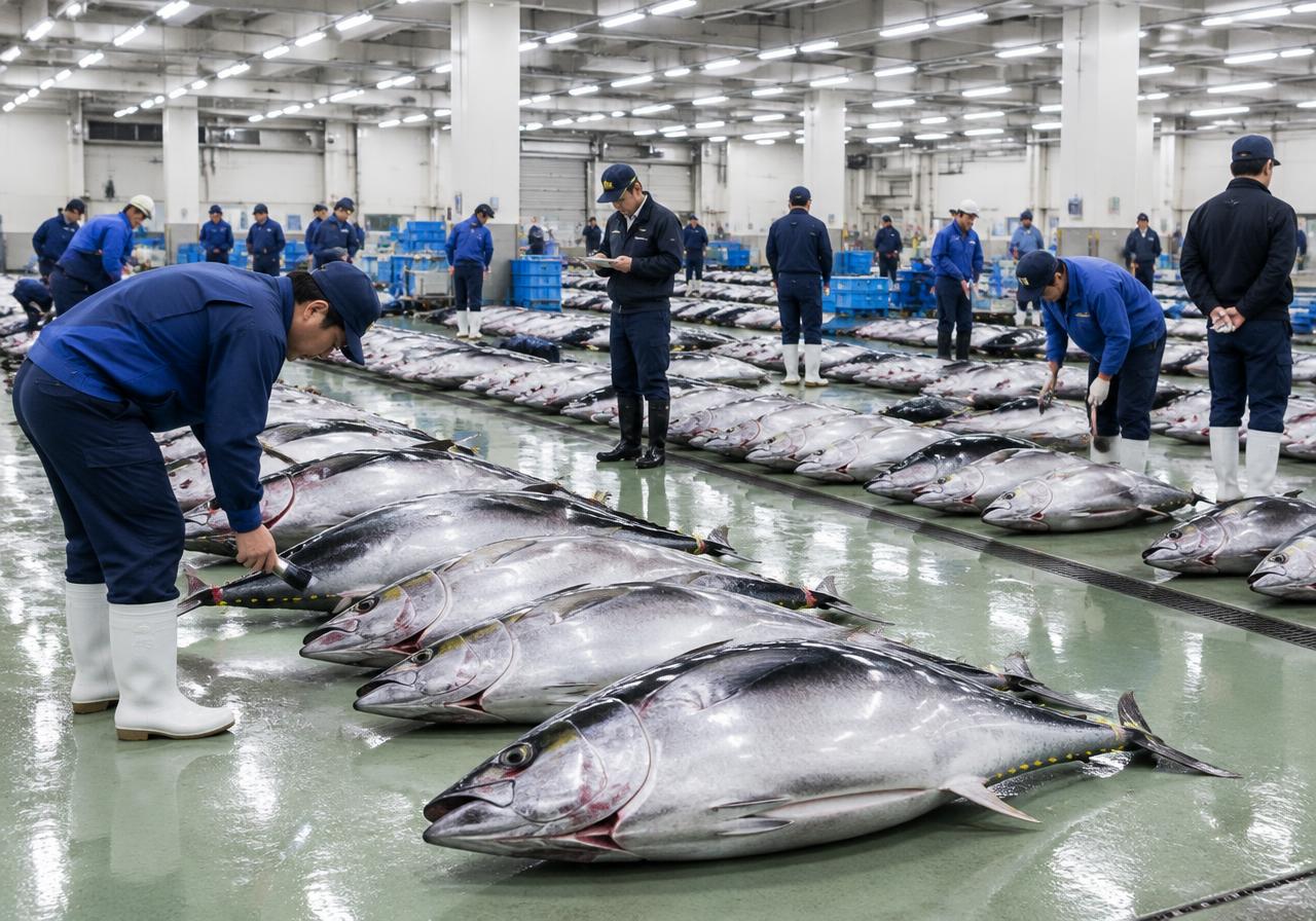 Illustrative scene of tuna inspection in a Japanese wholesale seafood market