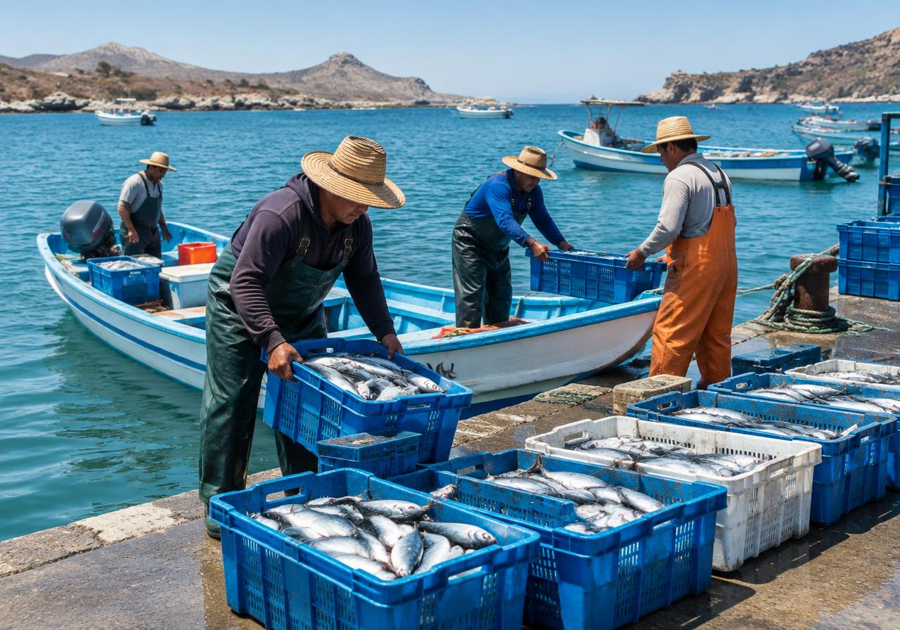 Illustrative scene of fishermen unloading fresh catch at a Mexican harbor