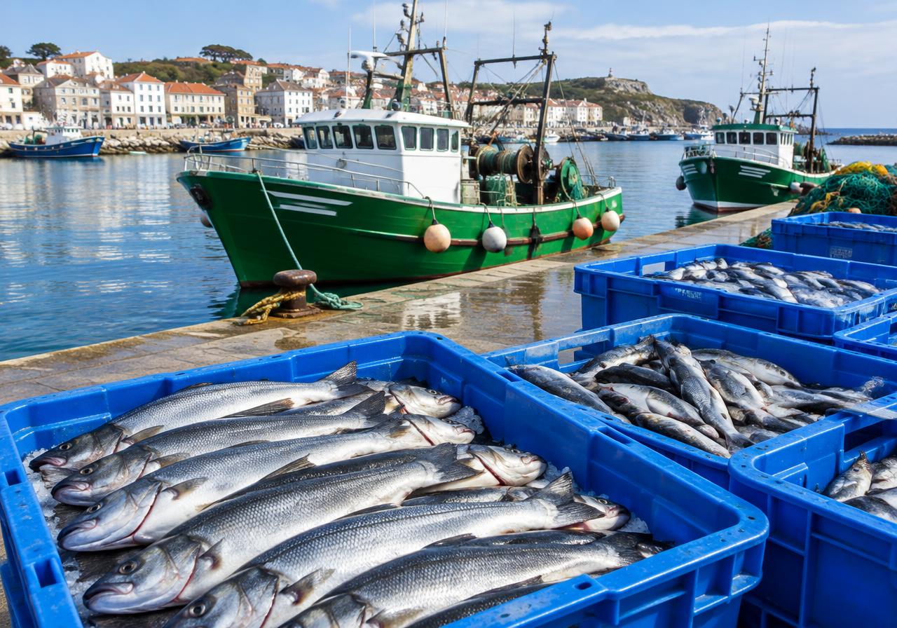 Illustrative scene of fresh catch and fishing boats at a Spanish harbor