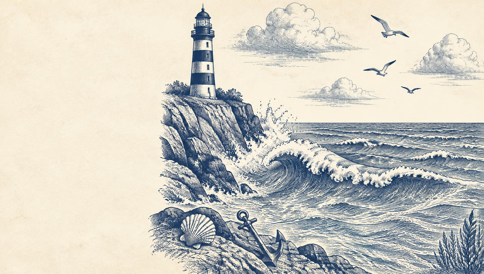 Vintage pen-and-ink maritime engraving: a lighthouse on a rocky headland, a curling wave, a scallop shell, an anchor and gulls in navy ink on aged paper